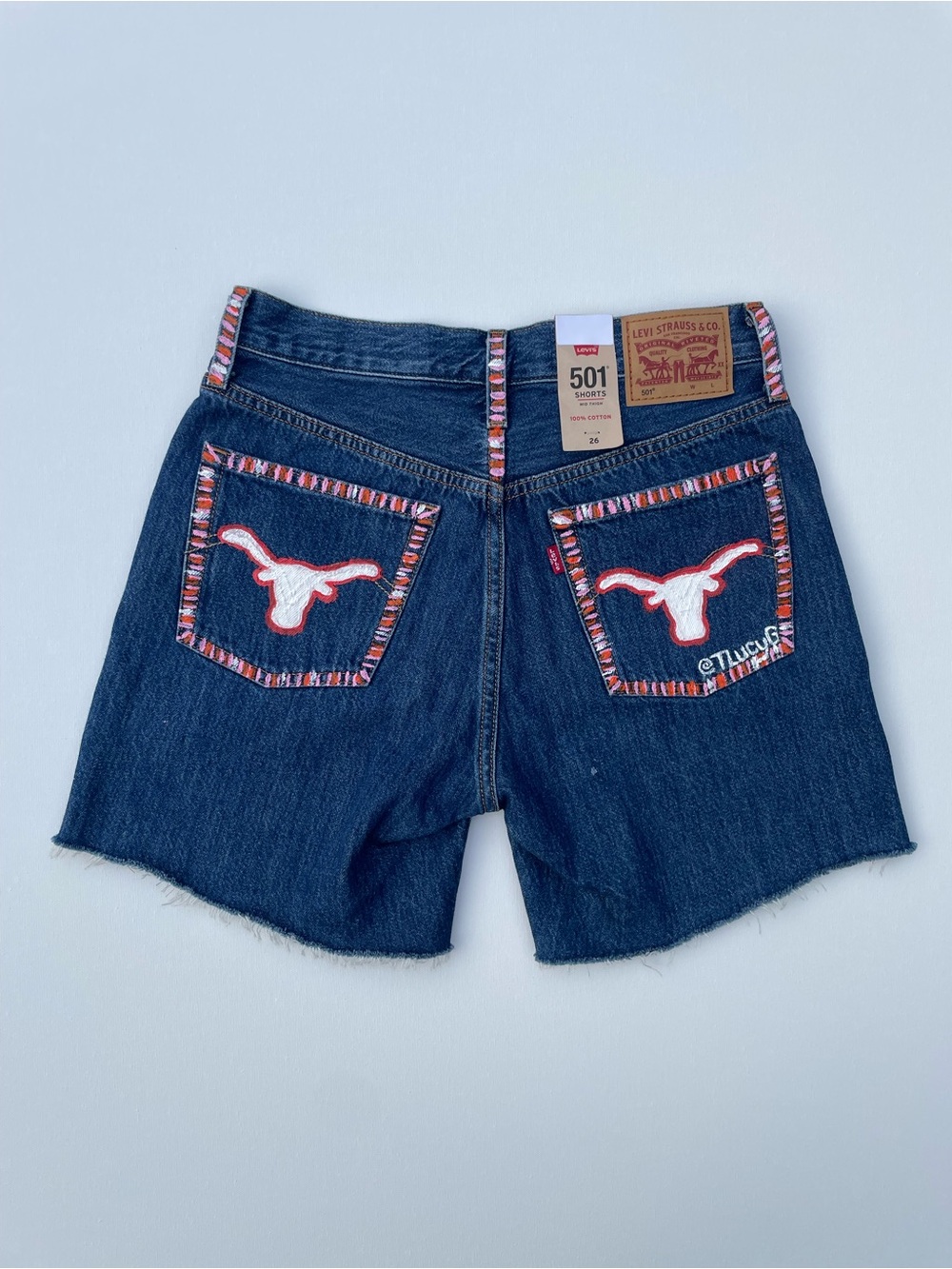 Levi's 501 Dark Blue Denim Cutoff Shorts with Hand painted UT Longhorn Pockets